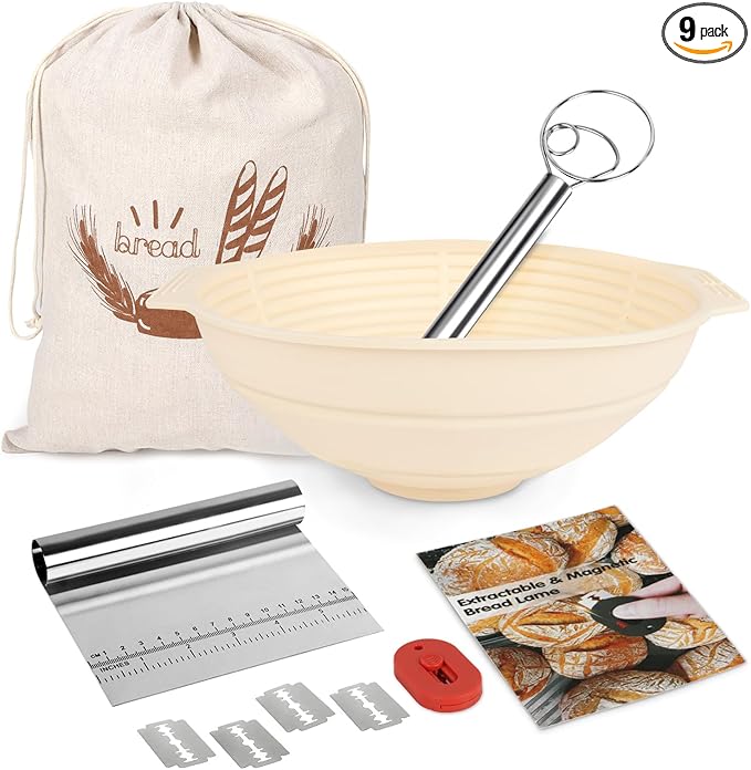 Sourdough Bread Baking Supplies Kit Including 9 inch Round Silicone Banneton Basket, Dough Scraper, Bread Lame, Danish Whisk and Bread Bag;Bread Proofing Basket Set for Home Bakers