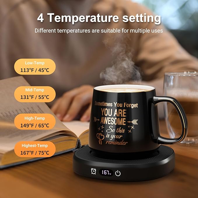 Coffee Mug Warmer & You are Awesome Mug Set, Electric Cup Warmer with Auto Shut Off, 4 Temperature Setting Smart Beverage Warmer, 8-Hours Auto Shut Off (Black Awesome Mug)