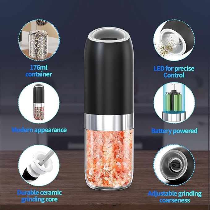 Battery Salt and Pepper Grinder Set-Gravity Electric Pepper Grinder,BoAn Automatic Spice Mill Refillable,Ceramic Larger Charmber,Adjustable Coarsenes,LED Light for Kitchen Housewarming Gifts New Home