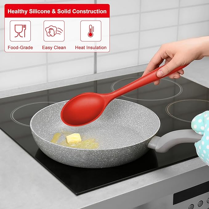 E-far Silicone Cooking Spoon Set of 2, Heat Resistant Kitchen Spoons Utensils Nonstick Mixing Spoon for Baking Stirring Serving, Non-Toxic & Dishwasher Safe (Red)