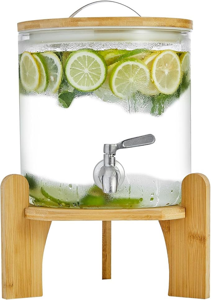 Beverage Dispenser 1.5 Gallon with Spigot Glass Water Dispenser for Parties, Bars, Restaurants (5L）with Wood Stand Drink Dispensers