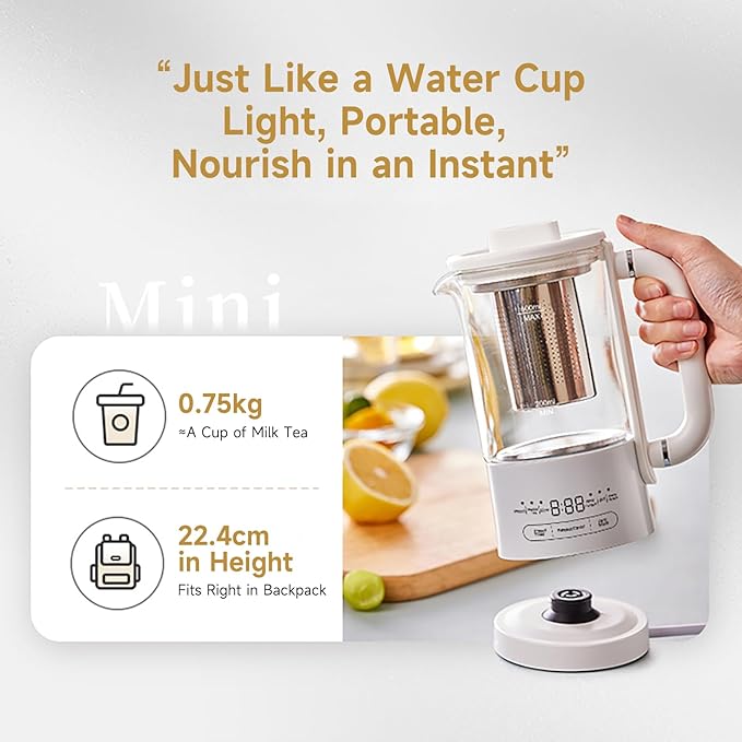 Bear HK-5L06P04 Mini Health Pot, Electric Kettle Tea Maker with Infuser, Glass Kettle & 316L Stainless Steel, 6 Auto Menus, 0.6L Compact Size, White