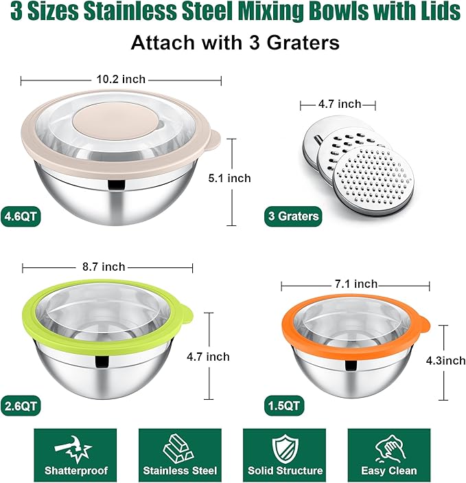 E-far Mixing Bowls with Lids and Graters, Stainless Steel Salad Mixing Bowl with Transparent Lid Set of 3, Metal Nesting Salad Storage for Kitchen Prepping/Serving/Baking, 4.6/2.6/1.5QT - Colorful