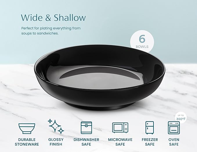 KooK Pasta Bowls Set of 6, Salad Bowl, Large, Ceramic, Microwave and Dishwasher Safe, Great for Soups and Salads, Shallow Serving Bowls, Glossy Porcelain, 32 oz, (Black)