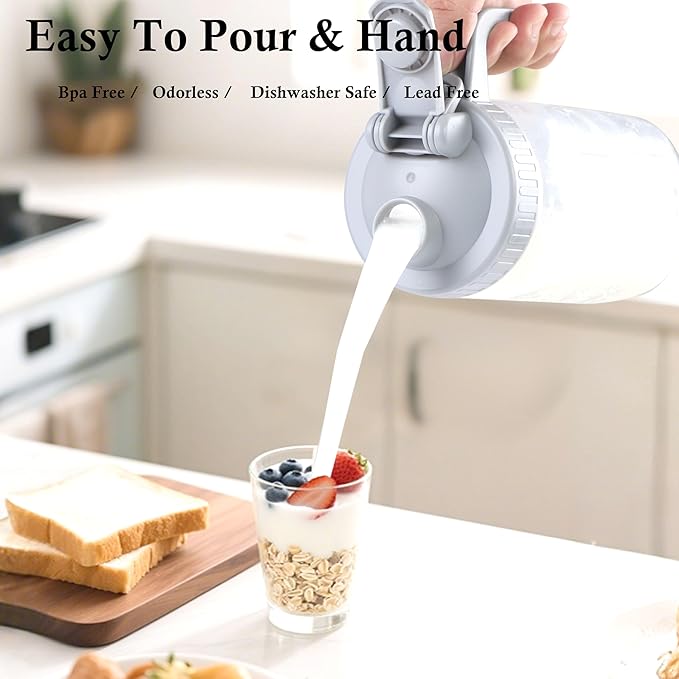 Mason Jar Pitcher With Pour Lid 32 Oz Glass Breast milk Storage Jug 1 Quart Wide Mouth Glass Tea Pitcher With Handle Creamer Container For Fridge Juice, Cold Brew Coffee,Lemonade,Beverage 2 Set