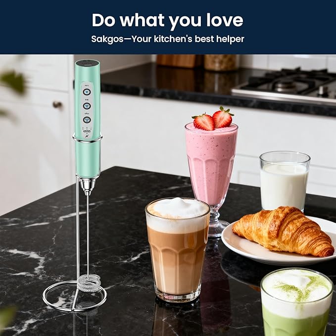 Milk Frother with Stand Rechargeable- Handheld Coffee Frother with 3 Stainless Whisks 3 Speed Adjustable, Electric Whisk Drink Mixer, Foam Maker Blender for Matcha Latte Cappuccino Chocolate