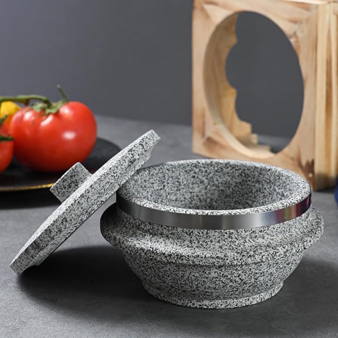 Bibimbap Bowl with Lid, Korean Stone Bowl Cooking Pot with Wood Tray, Natural Stone Bowl Hot Pot for Korean Restaurants, Soup, Rice, Stew,12cm/4.7inch