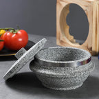 Bibimbap Bowl with Lid, Korean Stone Bowl Cooking Pot with Wood Tray, Natural Stone Bowl Hot Pot for Korean Restaurants, Soup, Rice, Stew,12cm/4.7inch