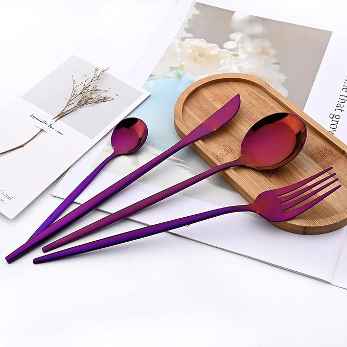 Purple 36-Pieces Silverware Flatware Mirror Polished Dinnerware, 18/0 Stainless Steel Cutlery Set For Home Kitchen Party Hotel Restaurant Wedding Service for 6
