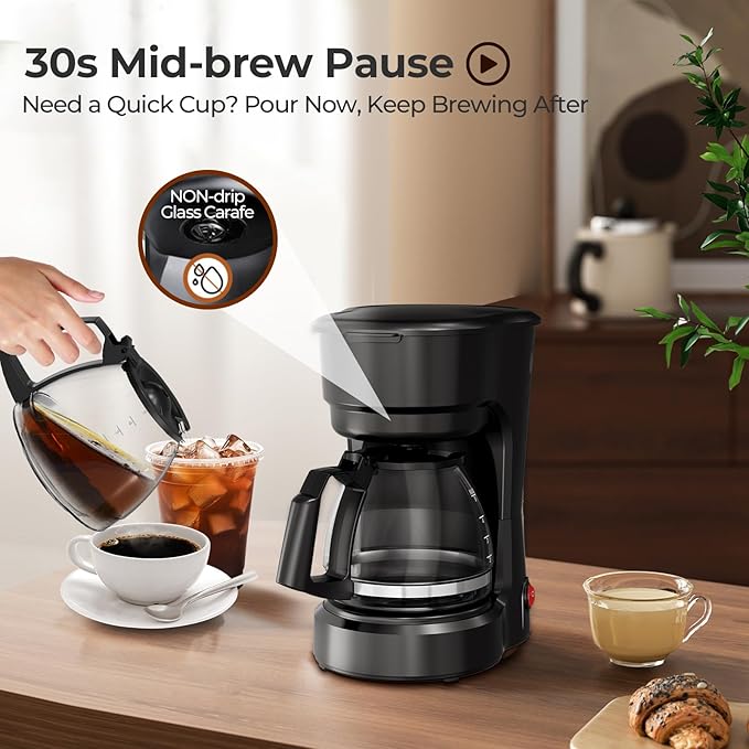 5-Cup Programmable Coffee Maker, Small Drip Coffee Machine with Food-grade Glass Carafe Coffee Pot, Always Keep Warm with Switch, Delay Brew, 25oz Water Reservoir, Compact for Home/Office/RV/Dorm