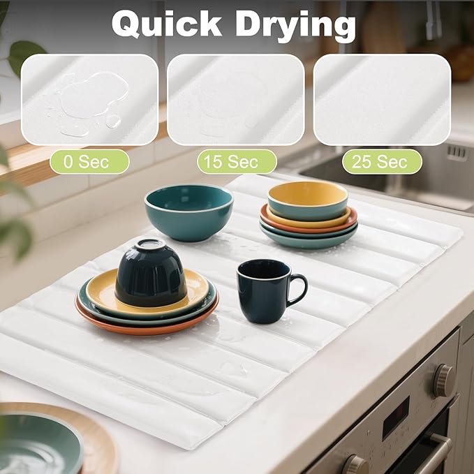 Stone Drying Mat for Kitchen Counter, Stain-Defying PU Leather, Large Stone Dish Drying Mat Foldable Absorbent Diatomaceous Earth Bath Mat Quick Dry for Bottles Cups Countertop 23" x 15.3"