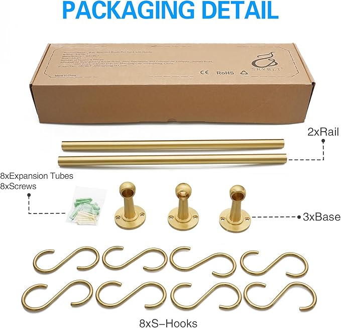 31.0 Inch Brass Pot Rack with Hooks,Wall Kitchen Mounted Organizer,Segmented RailHanging Rack for Kitchen Wall Rail with Hooks