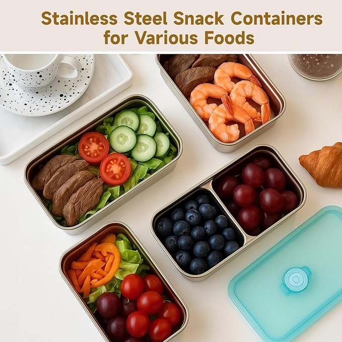 4 Pcs Grab and Go Snack Containers, Stainless Steel Double Compartment Snack Containers, Reusable, Food Grade Sealable Bento Box with Lid, Ideal for Office Lunch Travel