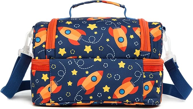 Insulated Kids Dual Compartment Lunch Bags Tote for Girls Boys Toddler Lunch Boxes Pre-School Toddler Kindergarten Picnic Camp Food Cooler Thermal with Strap (Star Rocket)