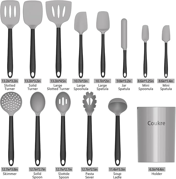 Coukre Silicone Kitchen Cooking Utensils Set with Holder – Heat-Resistant, Food-Grade Kitchen Tools, Spatula, Spoon & Gadgets for Non-Stick Pans, Dishwasher Safe (14, Gray)