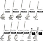 18/10 Stainless Steel Kitchen Utensils Set - 15” All Metal Cooking Tools, 11PCS - 2 Tongs, Fork, Solid Spoon, Slotted Spoon, Spatula, Soup Ladle, Skimmer, Slotted Spatula, Spaghetti Spoon, Large Spoon