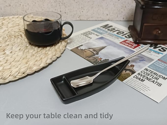 Coffee Stirring Spoon and Rest for Coffee Bar Accessories, Small Spoon Rest for Coffee Station, Coffee Spoon Holder for Coffee Bar Tea Spoon Teaspoon Rest, 1 PC (Oar Spoon with Retro Black Boat Rest)