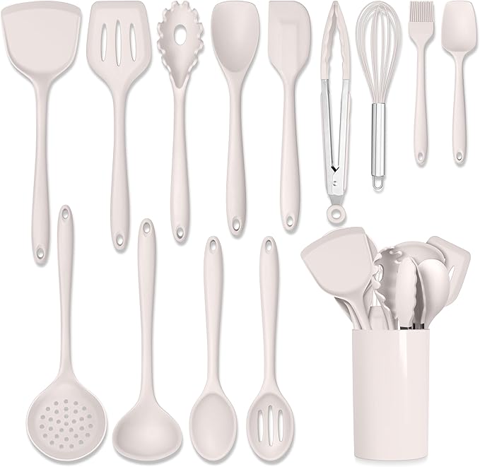 HaWare Kitchen Utensils, 14 PCS Silicone Cooking Utensils Set, Heat Resistant Kitchen Utensils for Non-stick Cookware, Kitchen Gadgets Tools with Spoons, Spatulas, Whisk, Dishwasher Safe (Khaki)
