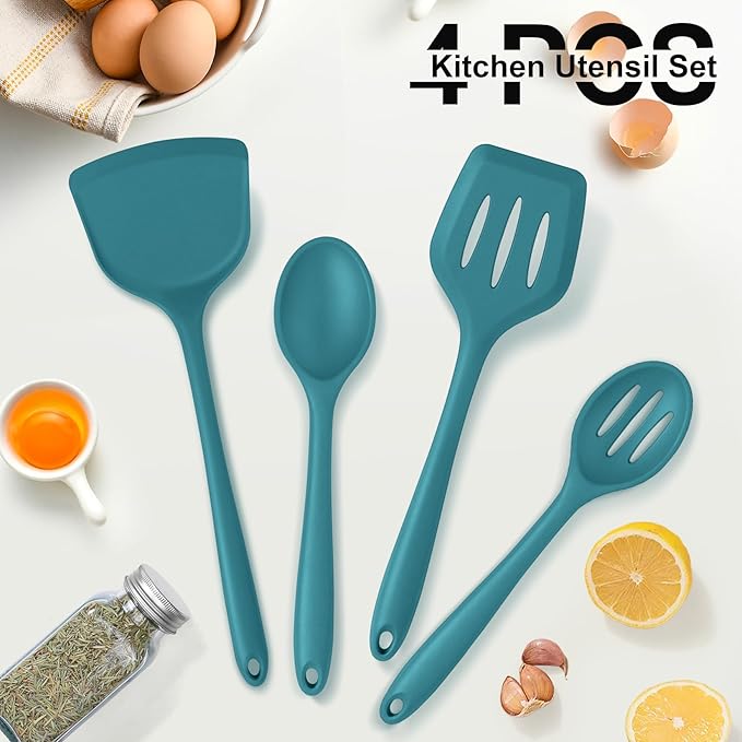 P&P CHEF Kitchen Utensil Set, 4 Pieces Non-stick Silicone Cooking Utensils, Heat-resistant Slotted Solid Spoon Turner for Frying, Mixing, Serving, Non-toxic & Easy to Clean, Blue