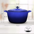 Signature Enameled Cast Iron Dutch Oven, Non-Stick Serving Pot with Tight Fitting Lid for Perfect Roasting, Baking, Sauteing, and Bread Making | 10Q (9.5L) - Indigo Blue