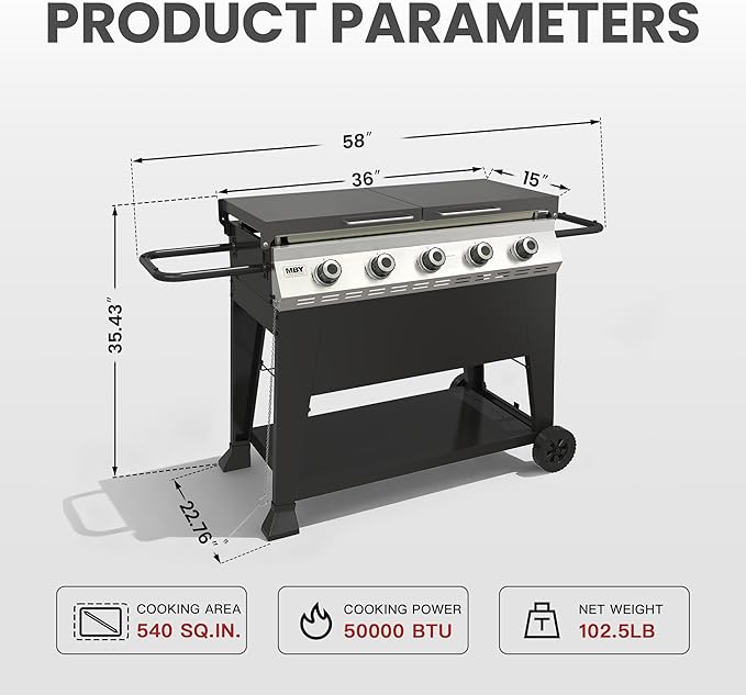 5-Burner Propane Gas Griddle, 50,000 BTU Outdoor Flat Top Propane Grill with 540 Sq In Cooking Area, Rolling Wheels & Folding Side Shelves for Camping, Tailgating & Backyard BBQ, Black