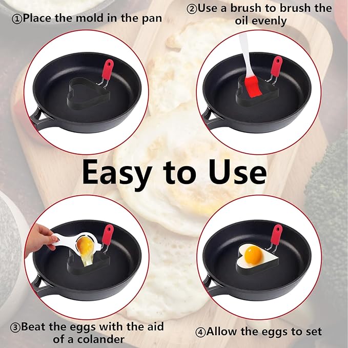 4Pcs Stainless Steel Egg Ring, 3.5 Inch Round Fried Egg Molds with Silicone Handle, Non Stick Omelet Mold with Oil Brush and Separator, Non-stick Pancake Shapers for Cooking Breakfast Sandwich