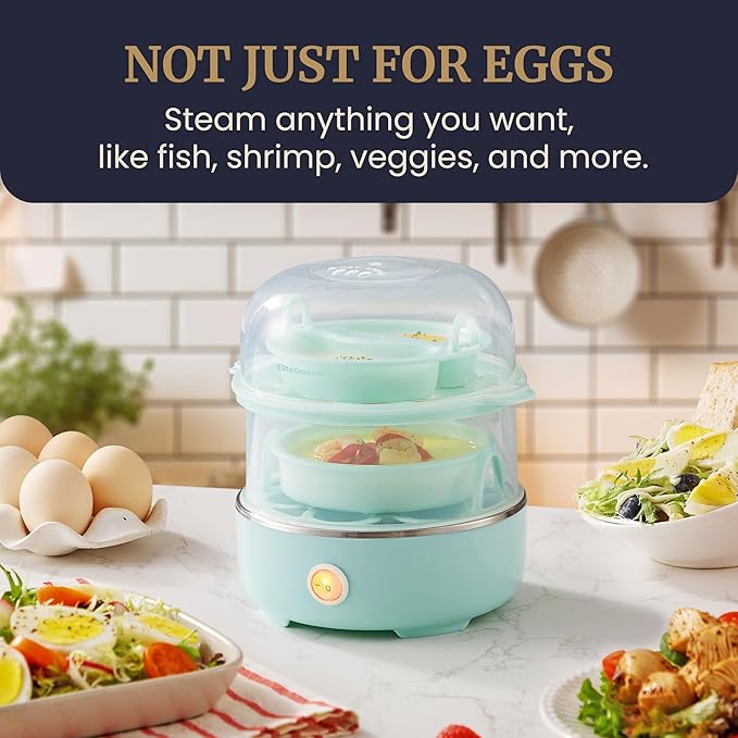 Elite Gourmet EGC1215M Easy Egg Cooker, Stainless-steel Heating Plate, Two-Tiered, 14-Egg Capacity, Soft, Medium, Hard-Boiled, Auto Shut-Off, Omelets, Poached Eggs, Measuring Cup, Piercing Pin, Mint