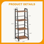 4 Tier Kitchen Storage Cart with Lockable Wheels & 6 Hooks, Mobile Utility Organizer Rolling Cart for Small Spaces, Bar Cart for Kitchen and Living Room, Rustic Brown