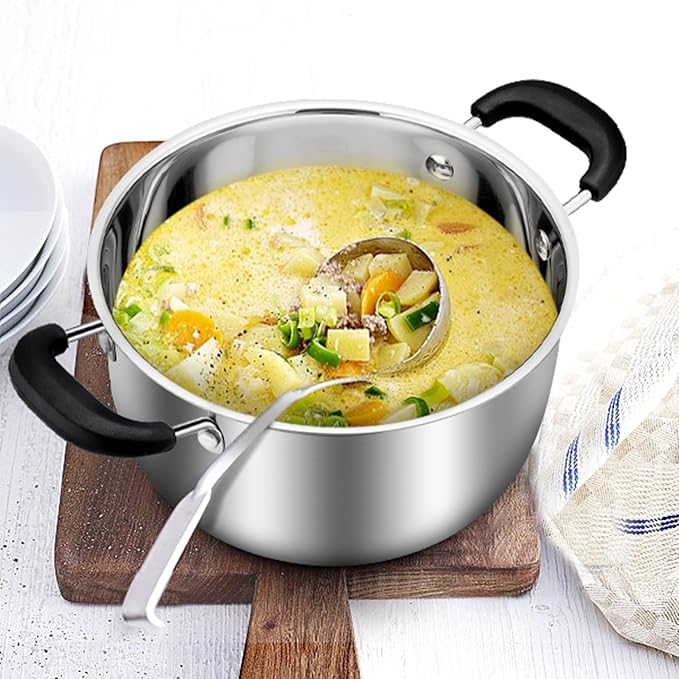 TeamFar Stock Pot 6 qt, Stainless Steel Stock Pasta Soup Pot with Lid, Double Bakelite Heat-Proof Handles & Tempered Glass Lid, Dishwasher Safe & Easy Cleanup, Non-Toxic & Healthy