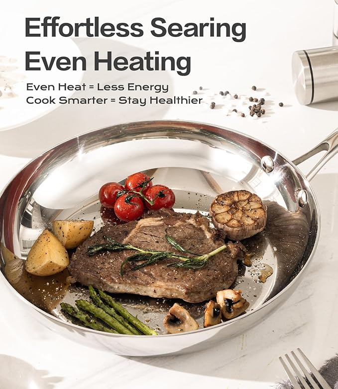 3-Ply Stainless Steel Fry Pan With Lid 10 Inch, Induction Compatible, Oven Broiler Safe 600F, Fast and Even Heat, 10"Frying Pan, Stay-Cool Handle, Dishwasher-Friendly, Compatible with All Cooktops