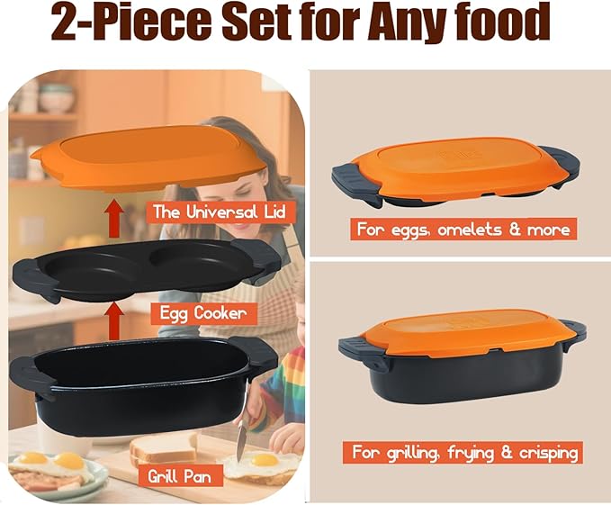 Quick-Heat Microwave Egg Cooker and 33 OZ Microwave Grill Combo | 2-Piece Breakfast Maker Set for Grilling, Frying, Crisping Meat, Bacon, Pancakes & Veggies | Dishwasher Safe & Non-Stick for Kitchen RV, Dorm, Office(Orange)