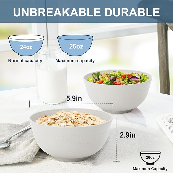 Kitchen Bowl 26 OZ, Wheat Straw Bowls Set 6 PCS, Unbreakable and Lightweight Cereal Bowl for Rice,Oatmeal,Salad, Microwave and Dishwasher Safe Plastic Bowls Reusable - White