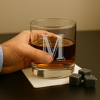 (M-Monogram)- 4 Piece Set of 11 Ounce Engraved Heavy Base Rocks Glasses Elegant Glass-Multi-Purpose Beverage-Rocks Glass- Gift for any Occasion- By: On The Rox