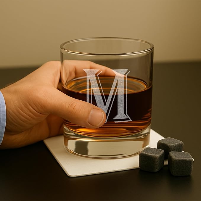(M-Monogram)- 4 Piece Set of 11 Ounce Engraved Heavy Base Rocks Glasses Elegant Glass-Multi-Purpose Beverage-Rocks Glass- Gift for any Occasion- By: On The Rox