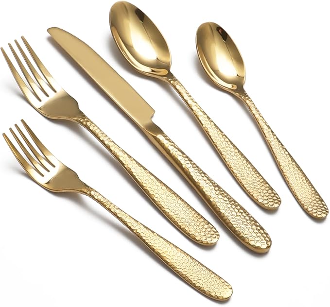 Gold Hammered Silverware Set, 20 Piece Stainless Steel Heavy Duty Flatware Set for 4, Food-Grade Tableware Cutlery Set for Home Restaurant, Mirror Polished, Dishwasher Safe