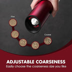 Vzaahu Gravity Electric Pepper and Salt Grinder Set of 2 - Rechargeable, Refillable, Adjustable Coarseness, Stainless Steel Seasalt Peppermill with LED light - One Hand Operation (Red)