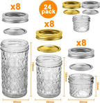 SPANLA Mason Jars, 24 Pack Canning Jars With Regular Lids, Ideal for Jam, Jelly, Honey, Wedding Favors, Shower Favors, DIY Glass Spice Jars - 4 OZ x 8, 8 OZ x 8, 12 OZ x 8 (4oz -8oz-12oz)