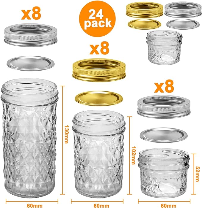 SPANLA Mason Jars, 24 Pack Canning Jars With Regular Lids, Ideal for Jam, Jelly, Honey, Wedding Favors, Shower Favors, DIY Glass Spice Jars - 4 OZ x 8, 8 OZ x 8, 12 OZ x 8 (4oz -8oz-12oz)