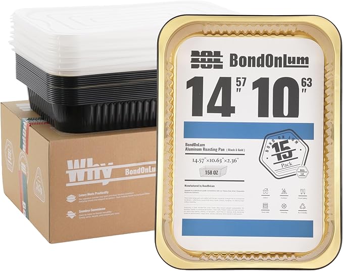 Aluminum Foil Pan with Lids,Heavy Duty Disposable Aluminum Baking Pans,14.57"×10.63" Steam Table Pan for Cooking,Heating, Storing,Prepping Roasting and Chafing(15 Pack Black and Gold w/Lids)