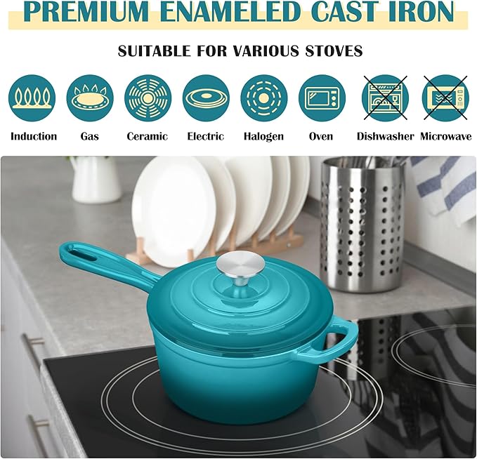 E-far Enameled Cast Iron Sauce Pan with Lid, 1 Quart Dutch Oven Saucepan, Mini Sauce Pot for Cooking, Boiling, Healthy & Non Toxic, Induction & Oven Safe, Green