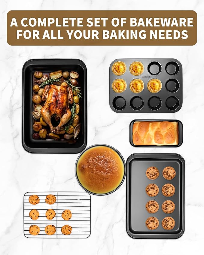 Nonstick Baking Pans Set, 19 PCS Stackable Bakeware Sets, Oven Pan Set Includes Baking Tray, Cookie Sheet, Cake Pans, Loaf Pan, Muffin Pan, Silicone Cups