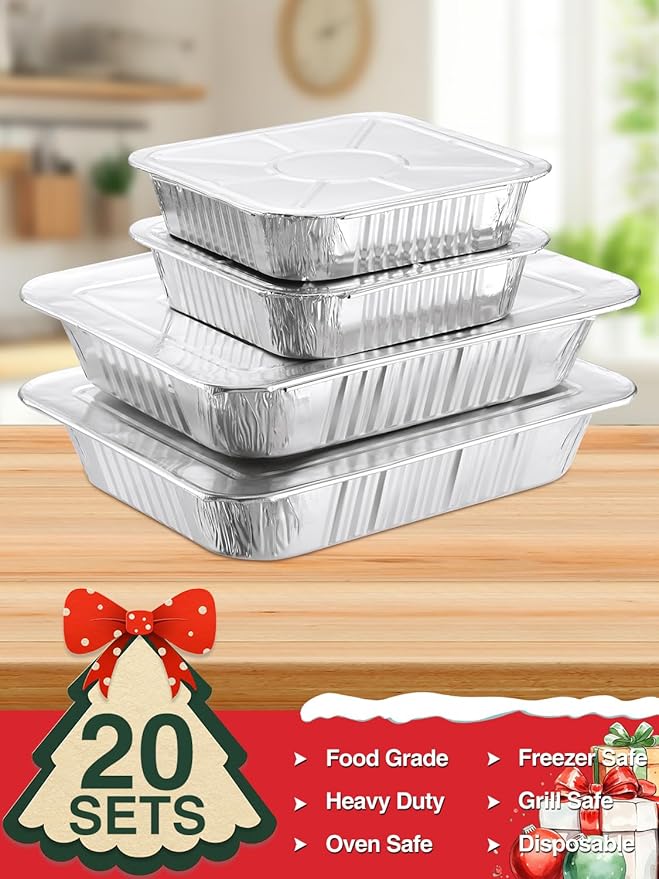 20 Set Disposable Aluminum Pans with Lids Assorted Sizes - 10 Large 10.25x12 Foil Pans Half Size & 10 Small 8x8 Tin Foil Baking Pans, Tin Trays Containers for Meal Prep, Food Cooking, Roasting