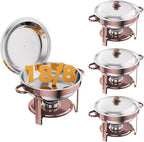 Rose Gold 4 Pack Chafing Dishes for Buffet, 18/8 (304) Stainless Steel Food Pan with Lid, 6QT Round Chafing Dish Buffet Set Food Warmer, Food Warmers for Parties Buffet Catering Events Dinners