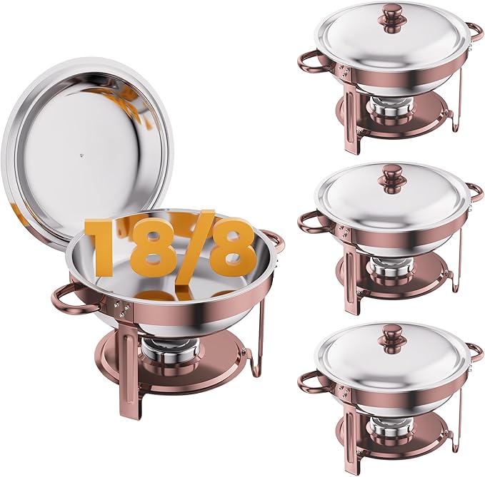 Rose Gold 4 Pack Chafing Dishes for Buffet, 18/8 (304) Stainless Steel Food Pan with Lid, 6QT Round Chafing Dish Buffet Set Food Warmer, Food Warmers for Parties Buffet Catering Events Dinners
