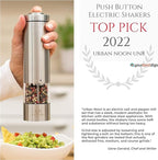 Electric Salt and Pepper Grinder Set - Battery Operated Stainless Steel Mills (1 Black Pepper Grinder + 1 White Salt Grinder) Automatic One Handed Operation Electronic Adjustable Ceramic Grinders