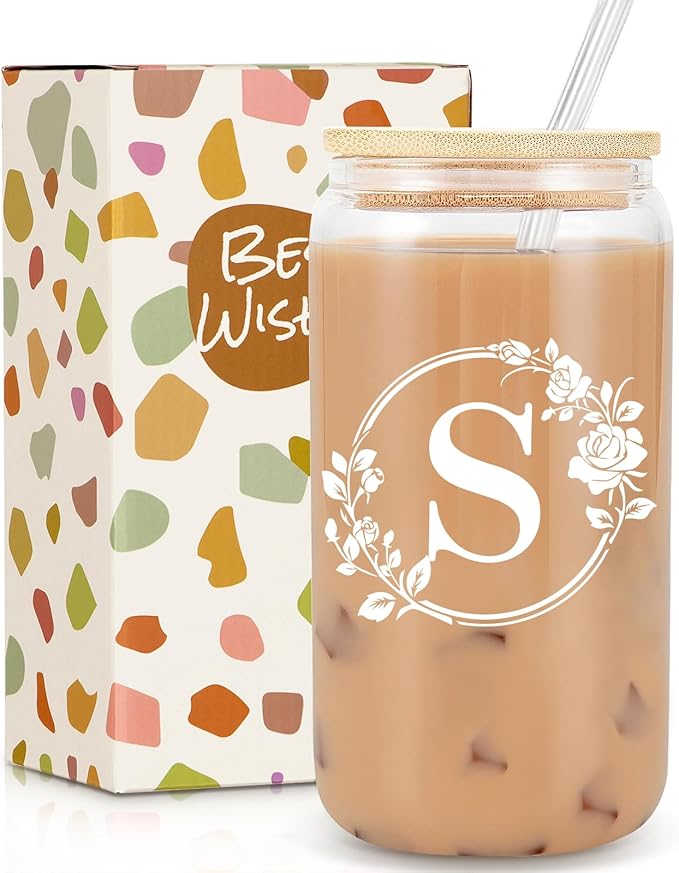 Birthday Gifts for Women, Monogrammed Initial Glass Cup Personalized Gifts for Women, 16oz Glass Cups with Lids and Straws, Iced Coffee Cup, Beer Can Shaped - Gift for Christmas, Birthday, S