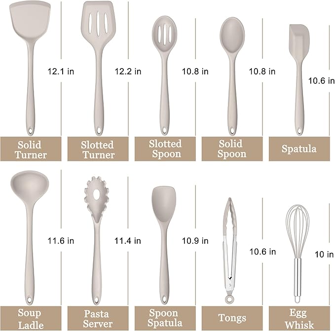 E-far 10 Pieces Silicone Cooking Utensils Set, Heat Resistant Kitchen Utensil Set for Nonstick Cookware, Kitchen Cooking Tools with Spatula, Spoon, Slotted Turner, Non-Toxic & Dishwasher Safe (Khaki)