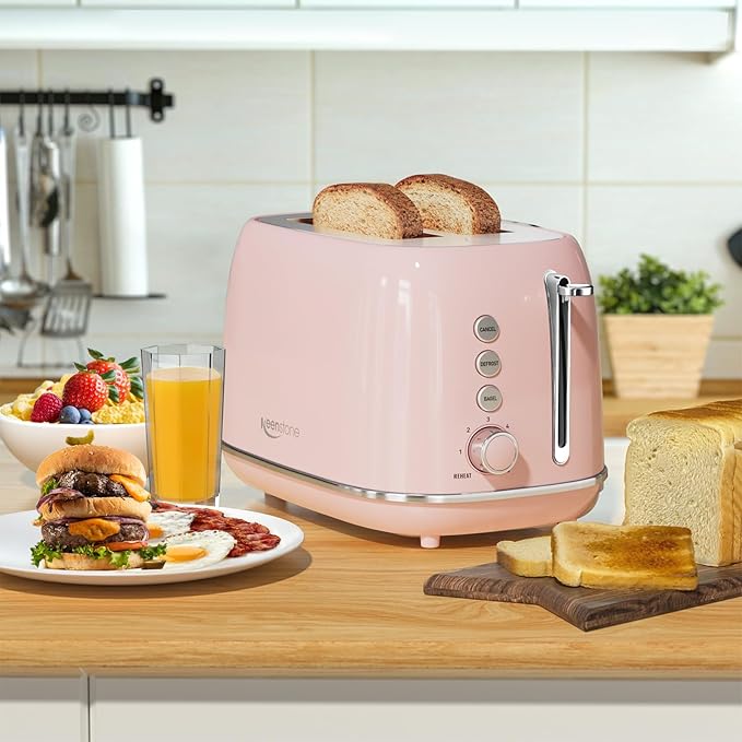 Toaster 2 Slice Stainless Steel with 6 Bread Shade Settings, Bagel, Cancel, Defrost Function, 2 Slice Retro Toaster with Extra Wide Slot, Removable Crumb Tray, pink