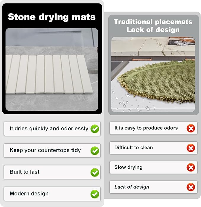Stone Drying Mat for Kitchen Counter, 23.6"x15.4" Absorbent Dish Drying Mat with 2 Pack Absorbent Stone Coasters, 1 Seasoning Pad, Quick Dry Large Dish Drying Mats for Kitchen Counter, White