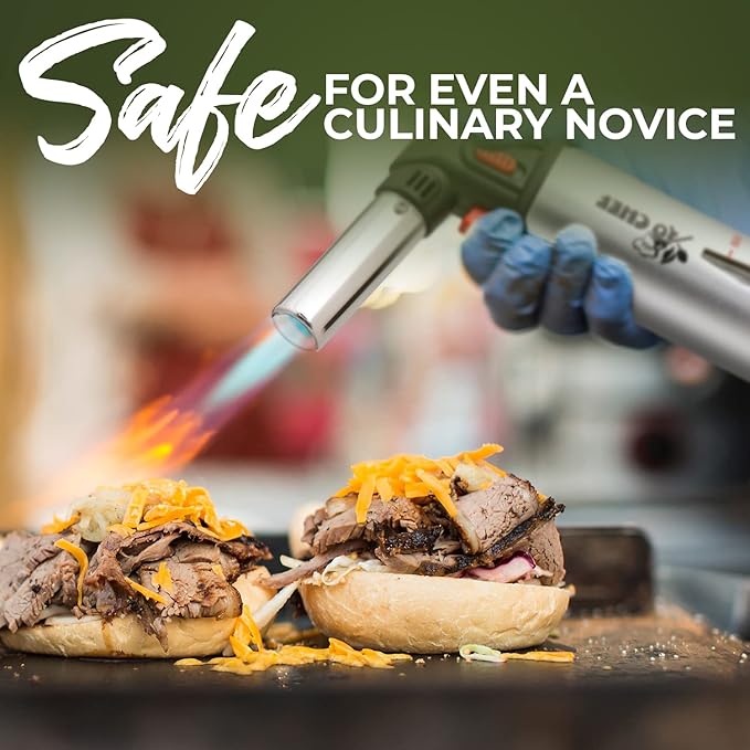 Jo Chef Kitchen Torch with Butane Included – Refillable Lighter with Safety Lock & Adjustable Flame, Blow Culinary Torch for Cooking, BBQ, Creme Brulee, DIY and Soldering - 2 Cans (5.07oz) Included